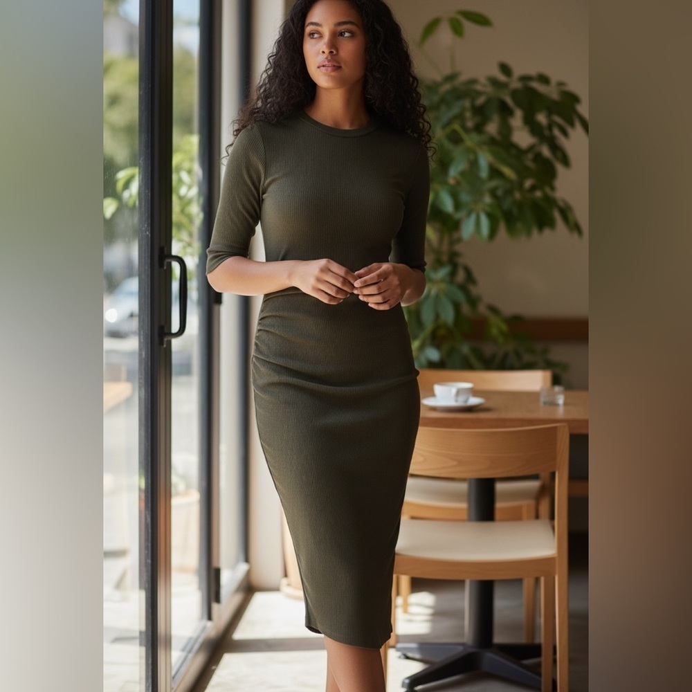 Zara Ruched Side Midi Olive Green Dress Medium